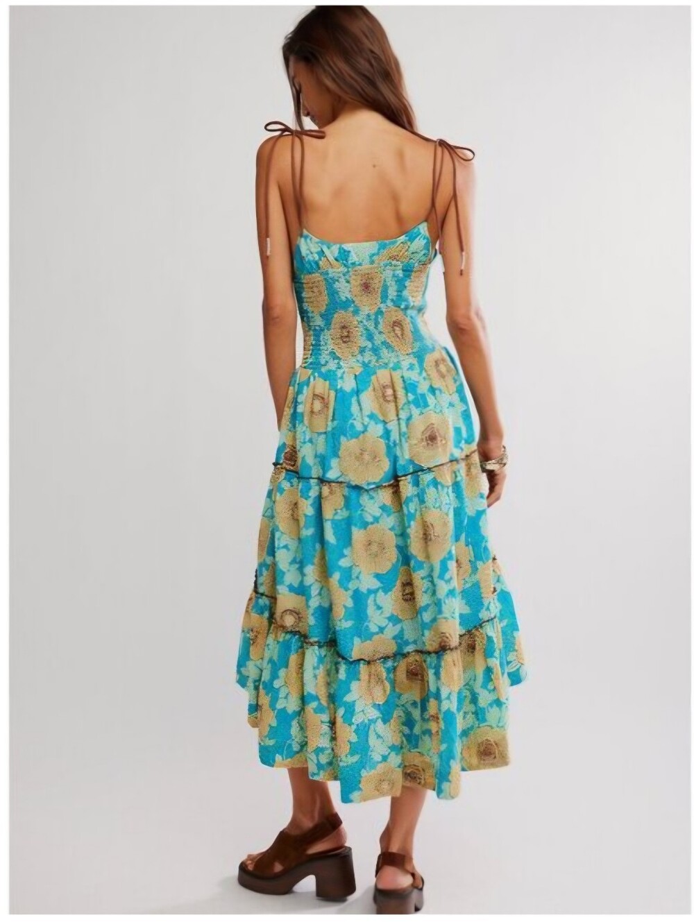 NWT Free People Hawaiian Ocean Combo Blue Smocked Tiered Midi Dress Size M - Picture 3 of 9